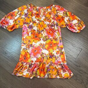 Y2K Uncle Frank XS Mini Dress Short Sleeve Multicolor Pixelated Print Ruffle Hem